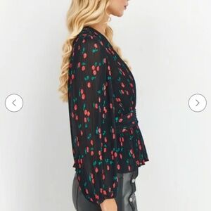 The Kooples contemporary top, Navy and red cherry printed crepe, Sz 0